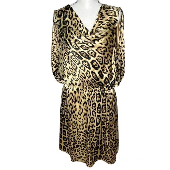 REEM Silk Cape Cowl Neck Cheetah Animal Print Gold/Black Medium Dress Sz Large - Picture 1 of 11